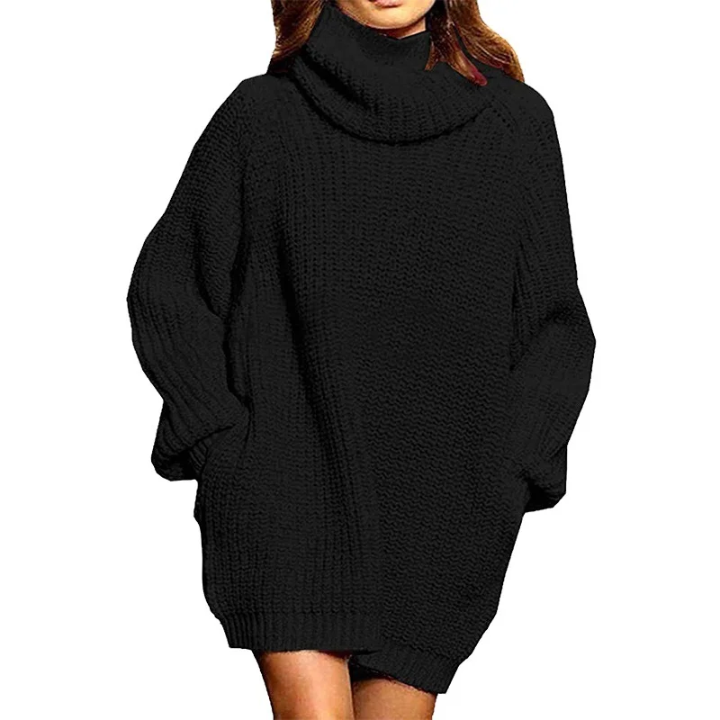 Wongn Wongn And Winter New Fashion Long Sleeve High Collar Pocket Long Dress Loose Sweater Woman