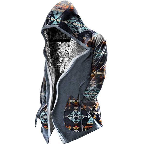 Men's Retro Western Style Zip Fleece Mid-Length Hooded Jacket
