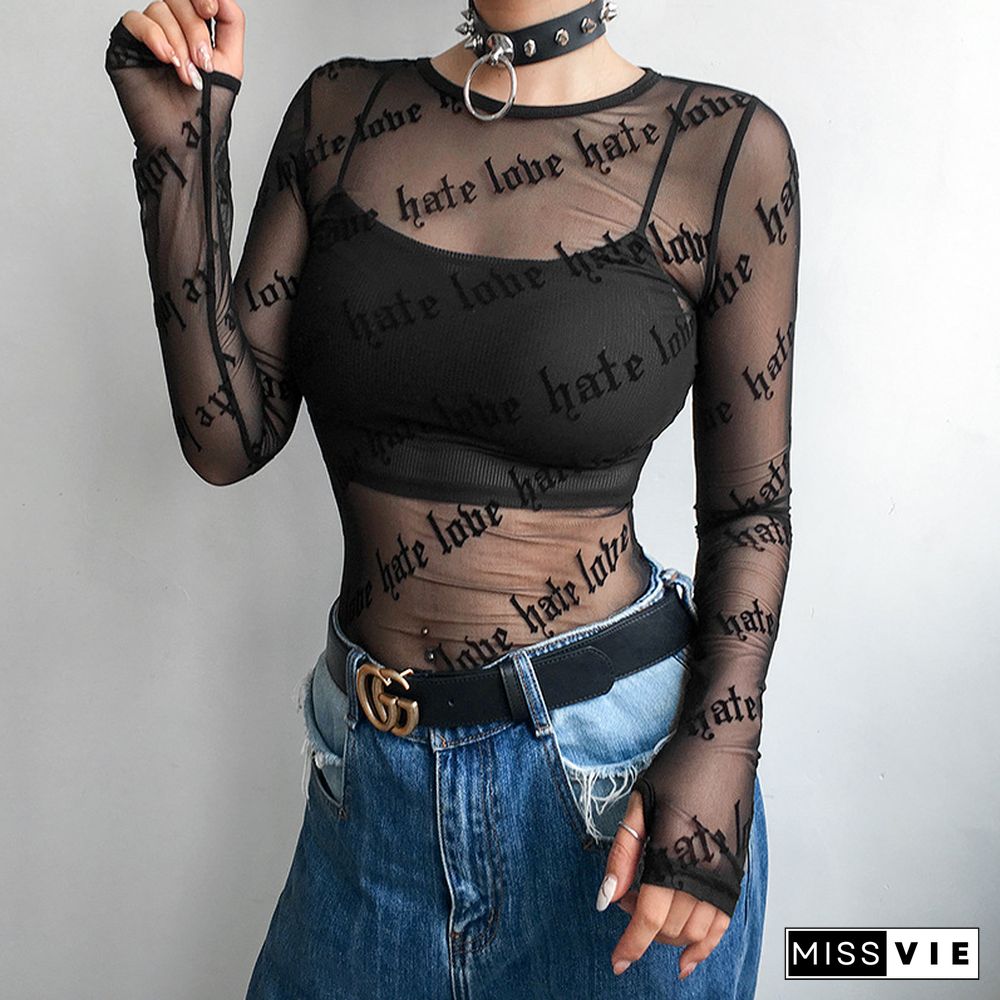 Sexy Women Mesh T-Shirts See-Through Perspective Tshirt Letter Printed Neck Transparent