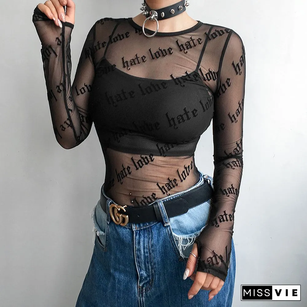 Sexy Women Mesh T-Shirts See-Through Perspective Tshirt Letter Printed Neck Transparent