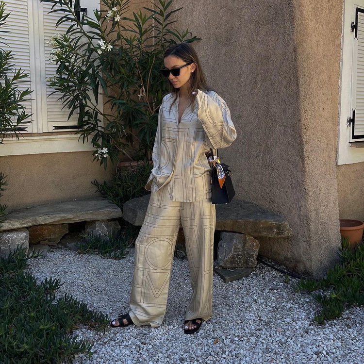 Ootddress Casual Patchwork Printed 2 Piece-Set For Women Trousers Fashion Lapel Shirts Nightwear Slim High Waist Women's Pants Sets
