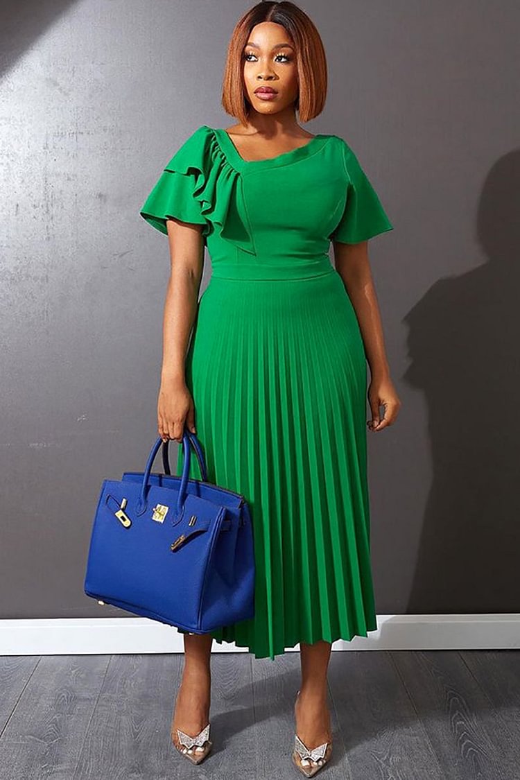 Petal Sleeve Asymmetric Neckline Pleated Midi Dresses