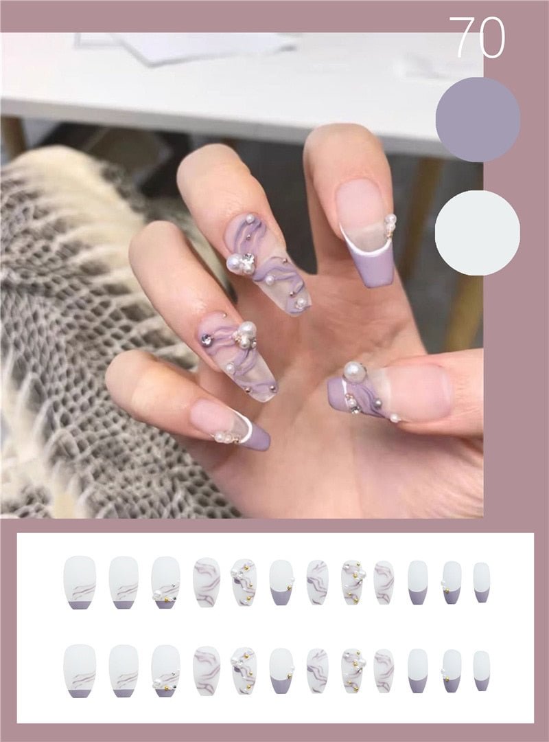 24pcs Pearls design Nail Patch Purple Color Fake Nails Removable Long Paragraph Fashion Manicure Save Time False Nail Patch TI