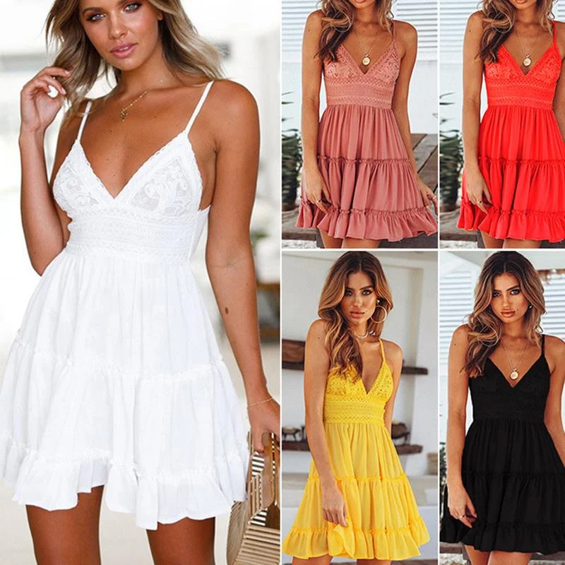 2020 Summer Women Dress Solid Spaghetti Strap Sleeveless Mini Dress Lace V Neck A-line Ruffles Sexy Female Sundress Plus Size