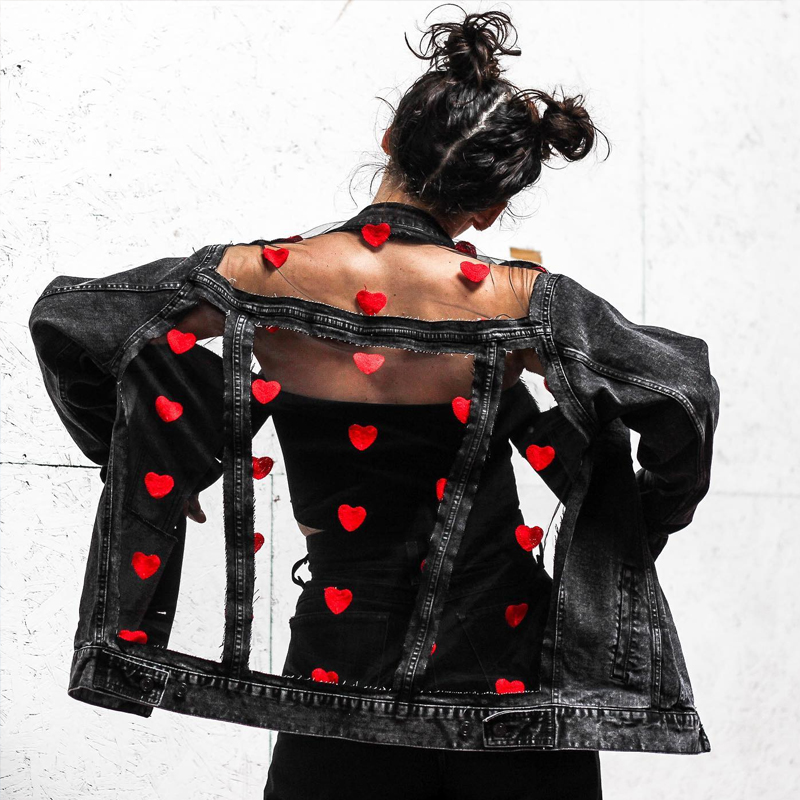 Heart-Embellished Denim Jacket With Sheer Mesh Detail