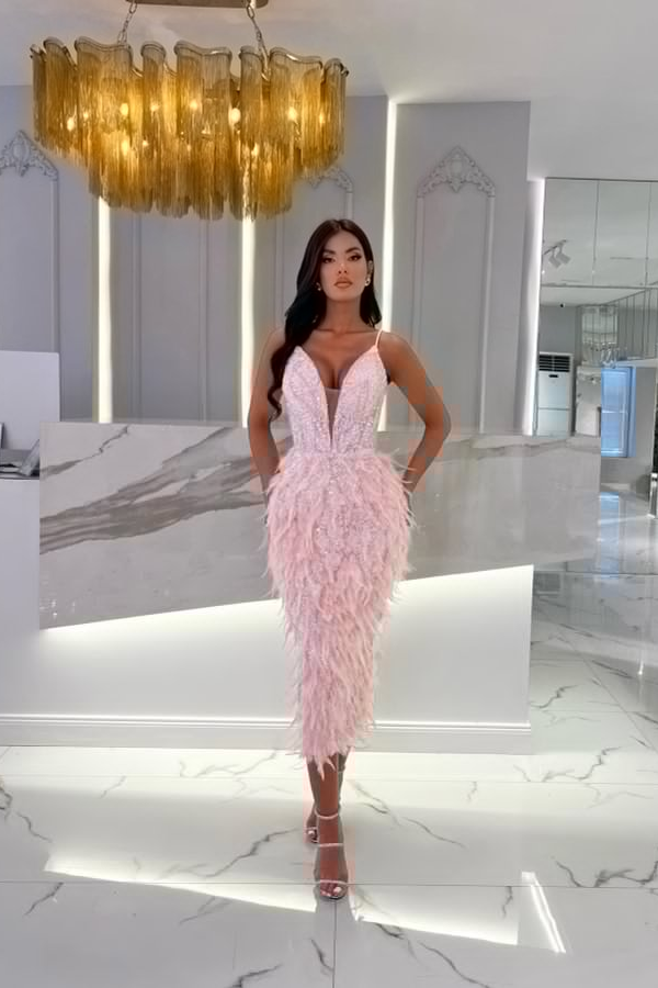 Daisda Pink Feather Sequins V-neck Mermaid Sleeveless Prom Dress