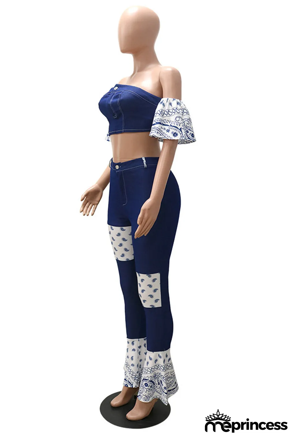 Dark Blue Sexy Casual Patchwork Backless Strapless Short Sleeve Two Pieces