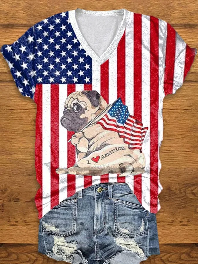 Women's Independence Day Dog  American Flag Print V Neck Casual T-Shirt socialshop