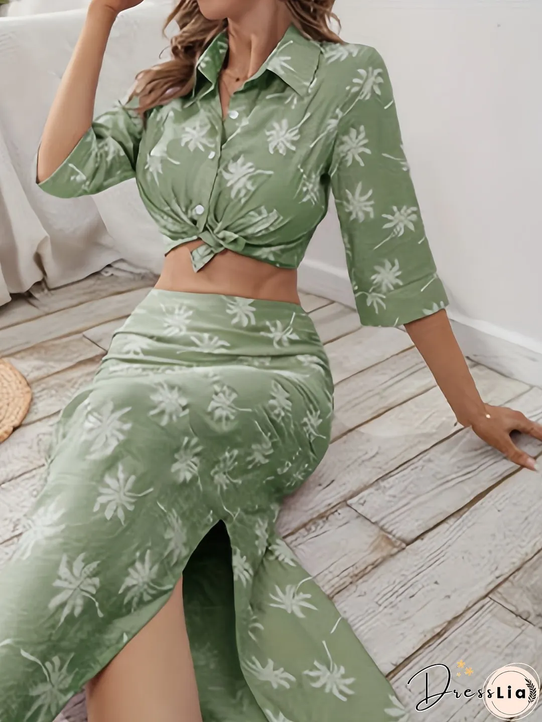 Coconut Tree Print Two-Piece Set Button Front Cropped Shirt High Waist Split Skirts