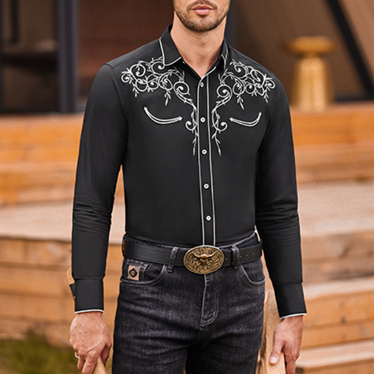 Men's casual vintage western long sleeve shirt