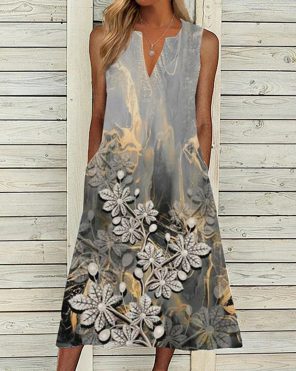 Elegant V-Neck Sleeveless Marble Floral Print Dress