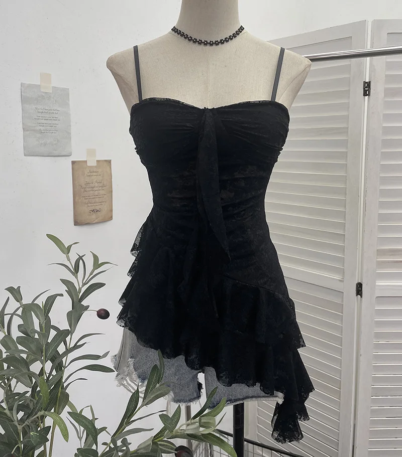 Uveng Real Shoot Sweet Spice Girls Irregular Lotus Side With Chest Pad Sling Vest Sexy Lace Sleeveless Top 1139