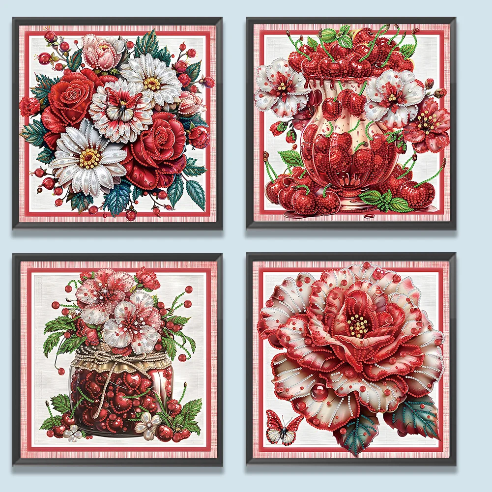 4pcs Diamond Painting - Partial Special Shaped Drill - Red Flower(Canvas|30*30cm)