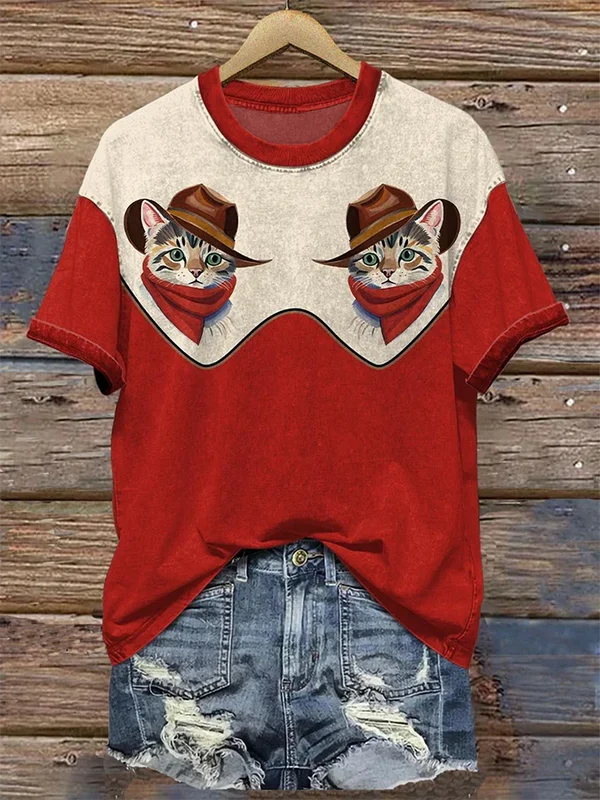Women's Fun Cute Western Cat Cowboy Contrast Color Print Casual T-Shirt