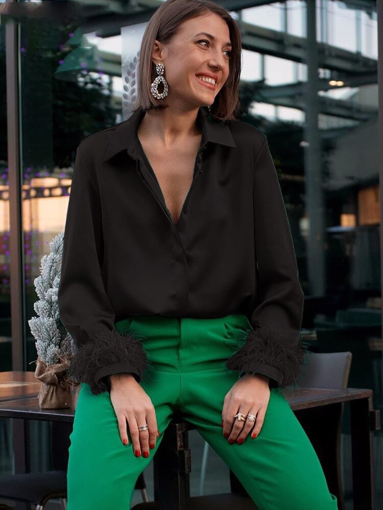 JacuqeLine 2022 Turtleneck Sexy Satin Feather Blouse Shirt Women Long Sleeve Casual Elegant Office Lady Top Shirts Green Autumn
