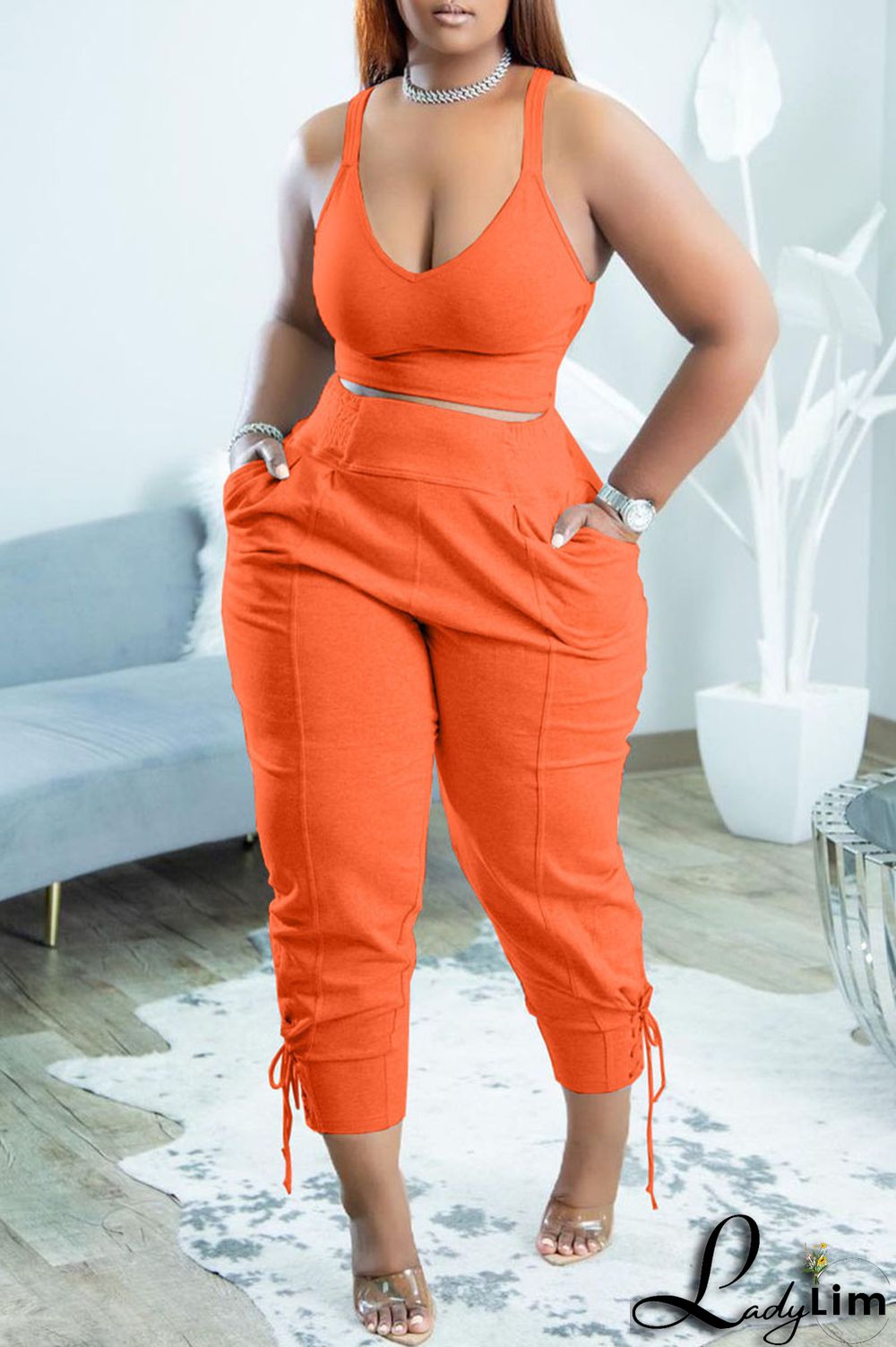 Yellow Casual Sportswear Simplicity Solid Bandage Vests Spaghetti Strap Sleeveless Two Pieces