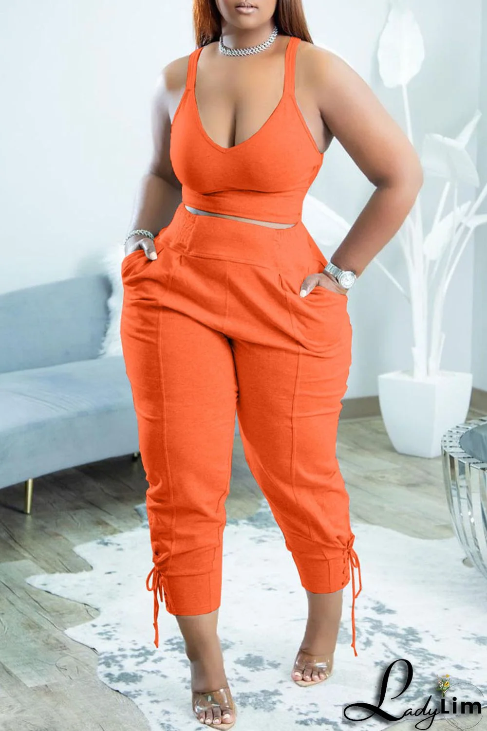 Yellow Casual Sportswear Simplicity Solid Bandage Vests Spaghetti Strap Sleeveless Two Pieces