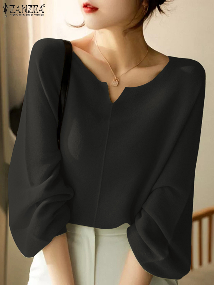 ZANZEA Elegant Women Blouse Autumn V Neck Long Sleeve Shirt Casual Solid Work Tunic Tops Femininas Blusas Chemise