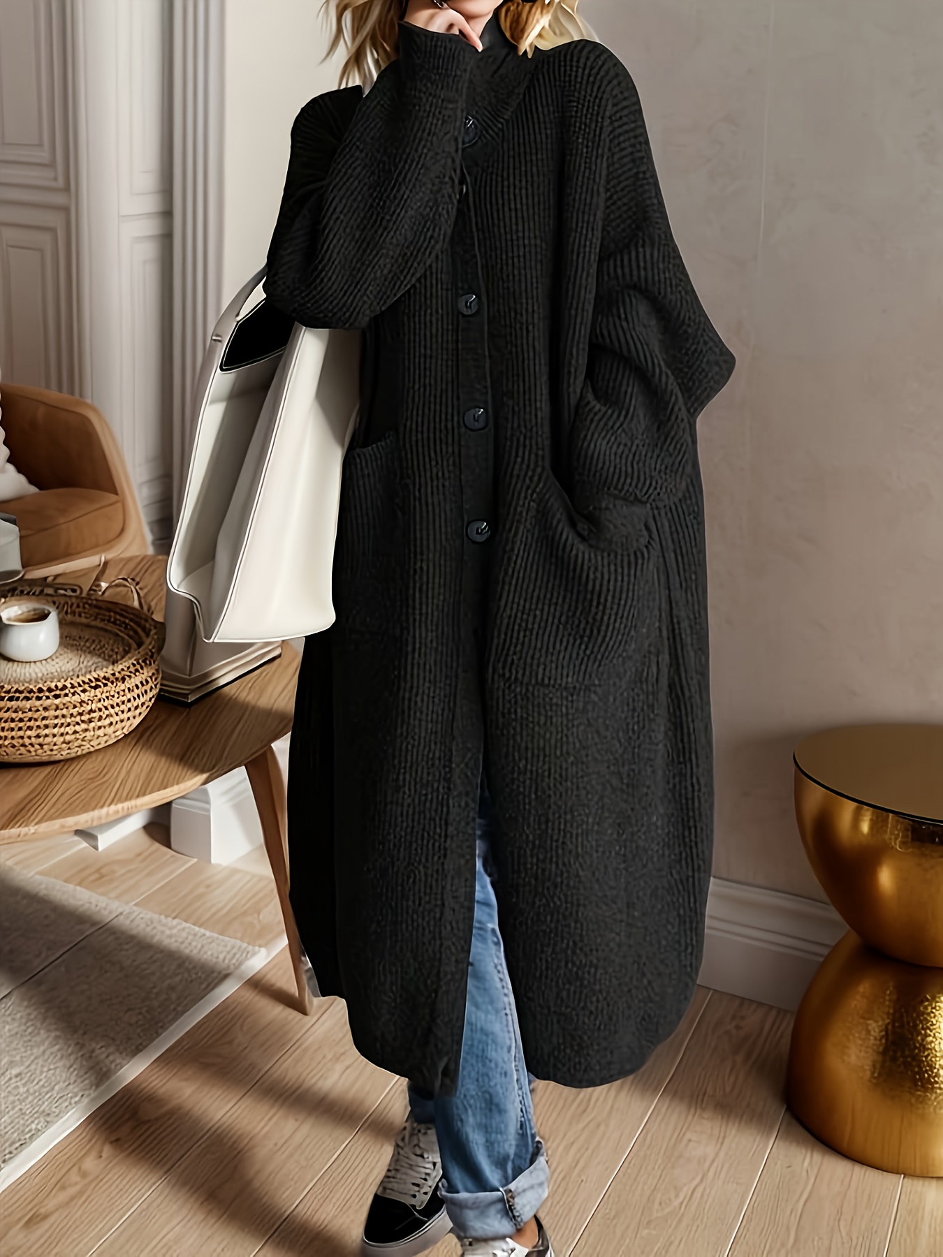 Women's Slim-Fit Lapel Collar Sweater Coat - Long Sleeve Winter Cardigan with Chest Pocket, Stand Collar & Single-Break Long Sleeve Design, All-Season Black Coat for Jeans/Dresses (No, Hand Wash/Dry Clean) - Elegant Outer