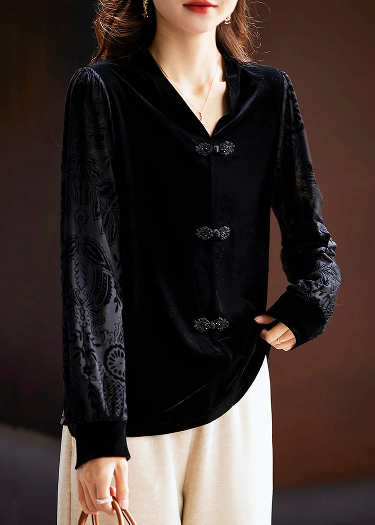 Women Black V Neck Button Silk Velour Tops Long Sleeve