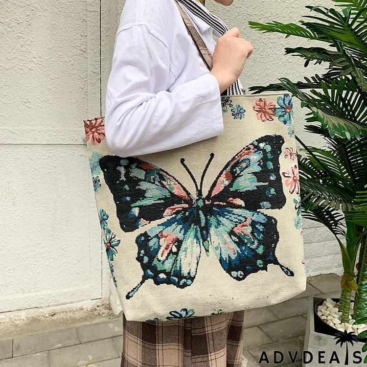 Women Fashion Ethnic Canvas Butterfly Print Large Capacity Tote Bag