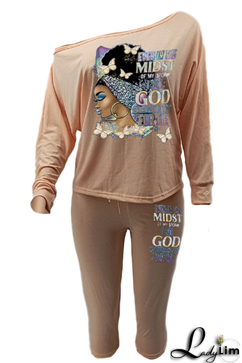 Black Fashion Print Patchwork One Shoulder Long Sleeve Two Pieces