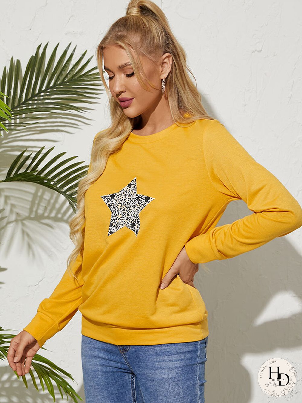 Stars Leopard Print Long Sleeve Crew Neck Sweatshirt Women