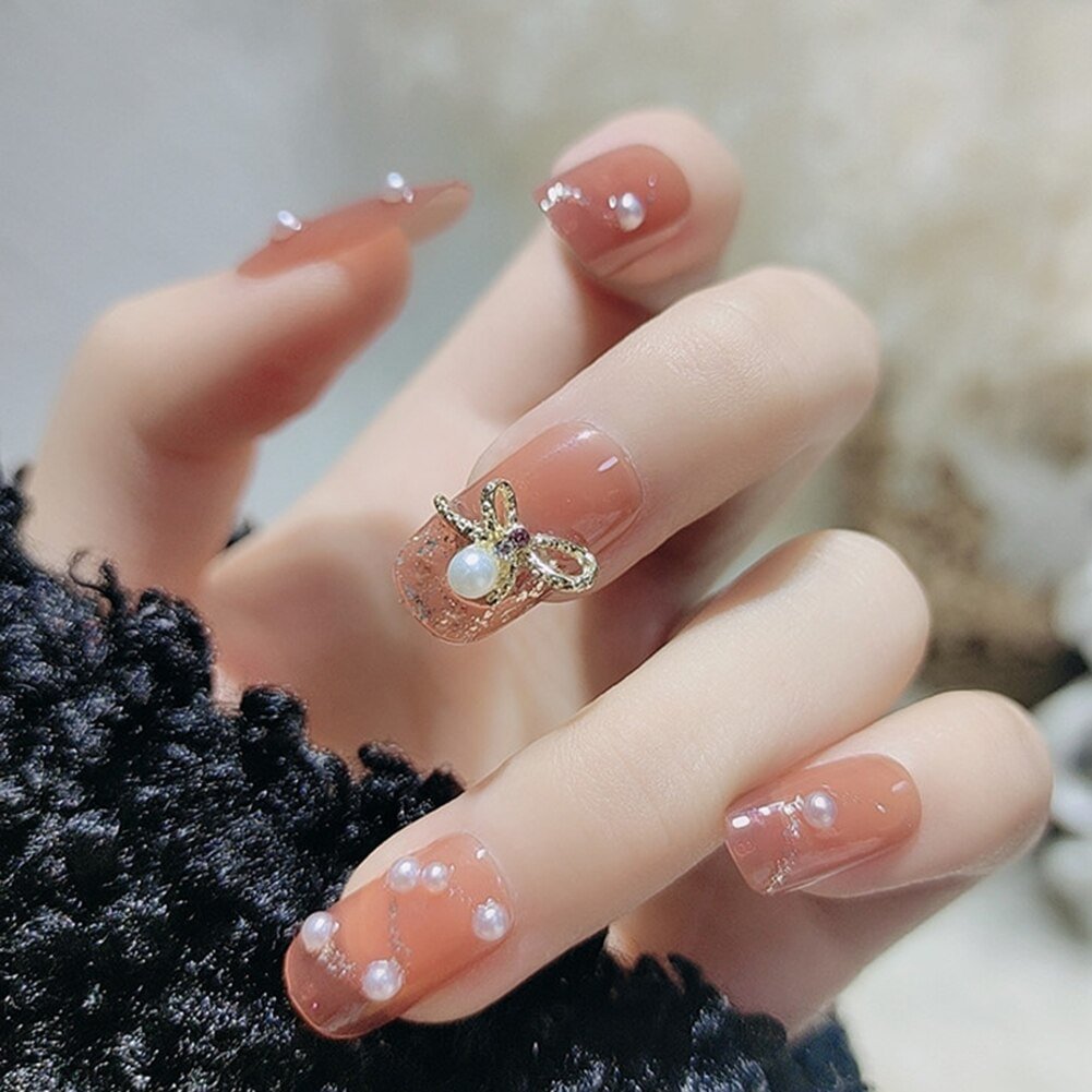 Agreedl Square Nail Tips False Nails Pearl Inlaid Pre Decorated Nails Resin Stick On Nails For Girls Free Shipping Press On Nails