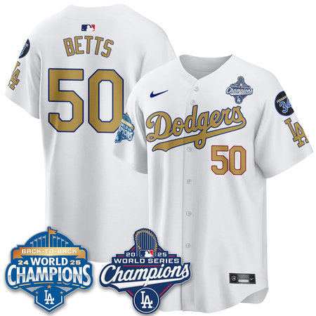 Youth Los Angeles Dodgers #50 Mookie Betts White 2025 World Series Champions Jersey MCKI