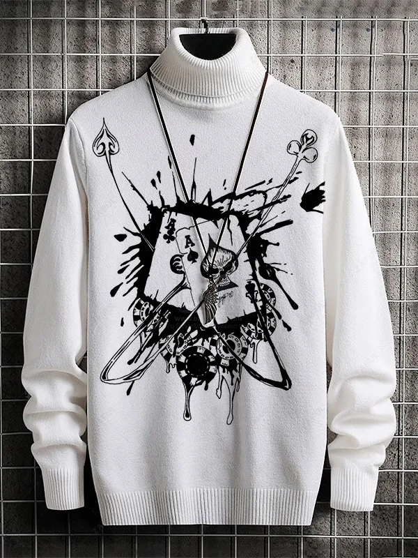 Men's Poker Splash-Ink Art Print High Neck Knit Sweatshirt