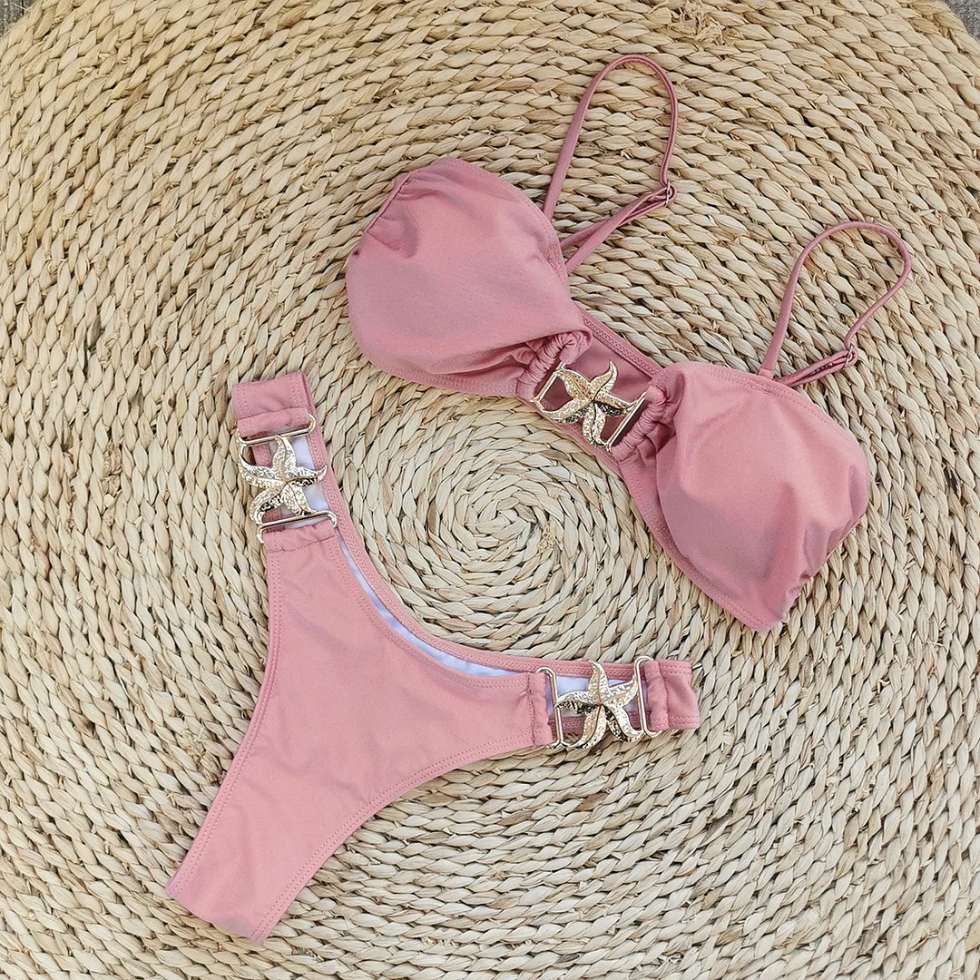 Brownm Bram-Smeared Swimsuit Women's 2025 New High-Fork Bikini Sexy Solid Color Bikini