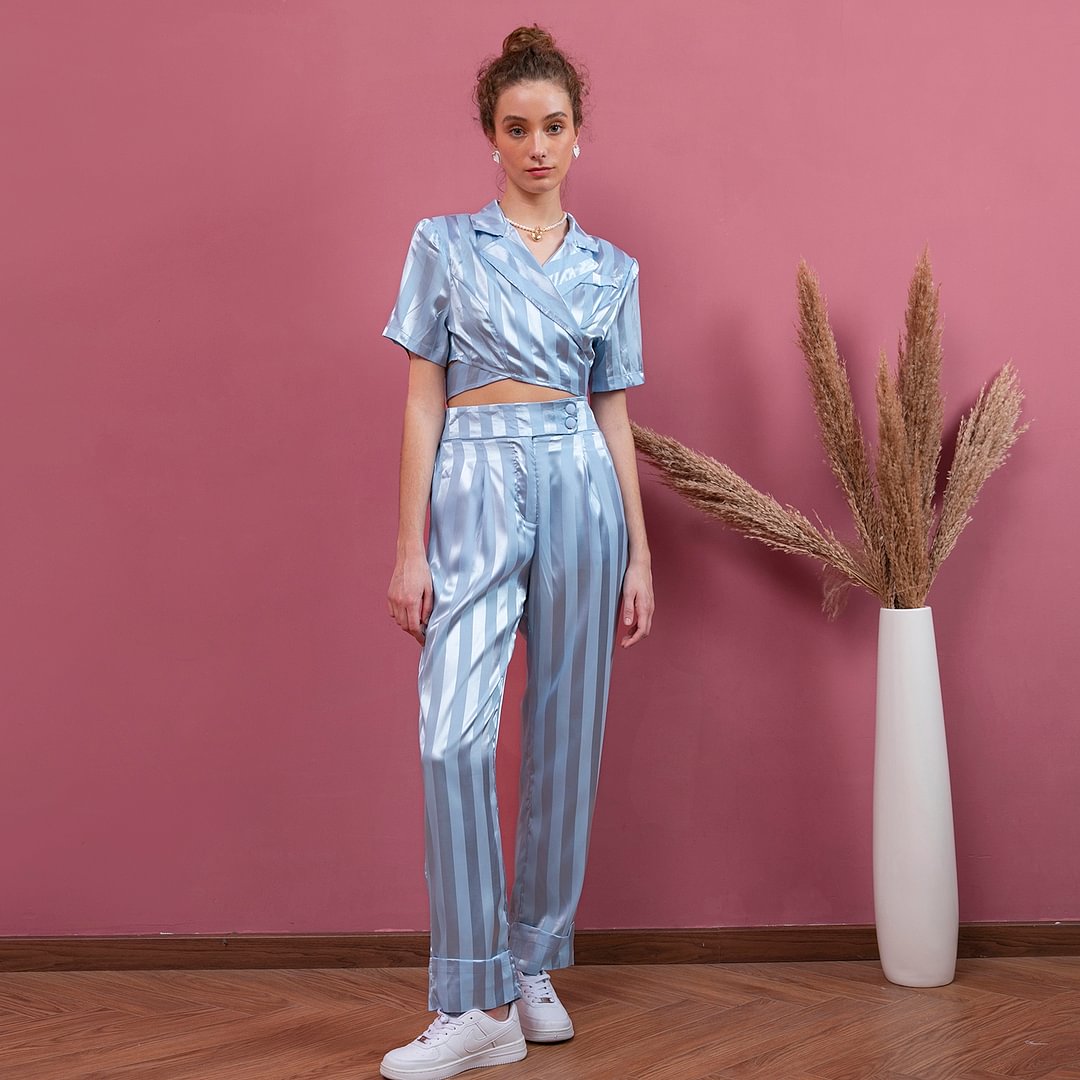 Silky Striped Open Waist Two Piece