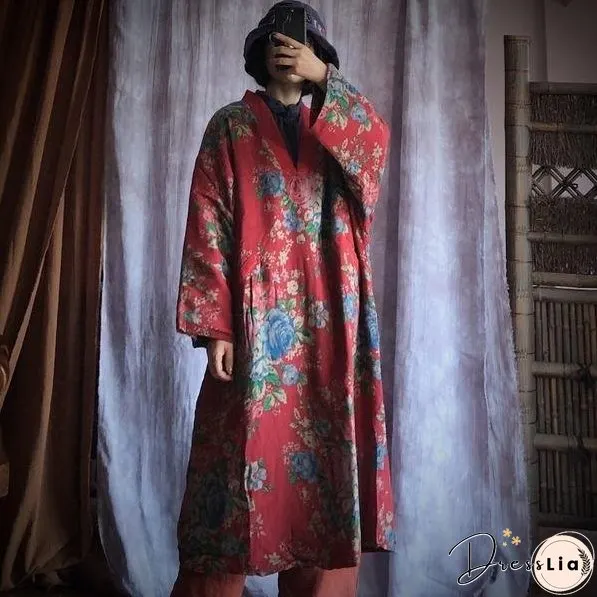 Loose Cotton Printed V Neck Padded Dress Ladies Vintage Robes Female