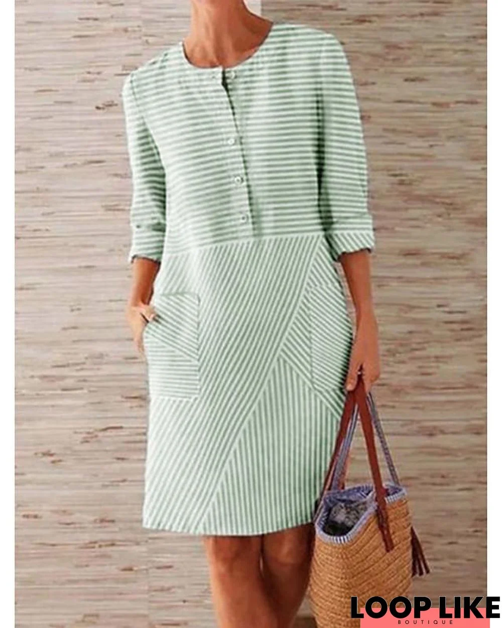 Women's Shift Dress Knee Length Dress - 3/4 Length Sleeve Striped Solid Color Clothing Summer Hot Casual Holiday Loose Blue Green Gray S M L XL XXL 3XL