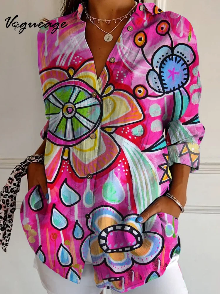 Bright Colorful Cartoon Painting Flowers Raindrops Long Sleeves Printed Cotton And Linen Shirt