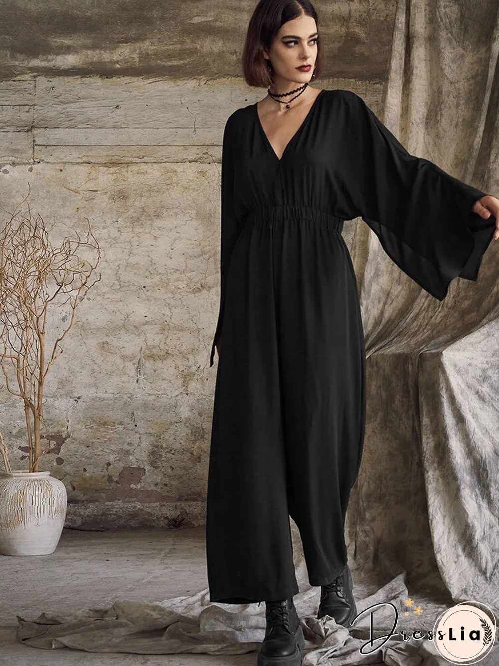 Solid Side Split Long Sleeve V-neck  Wide Leg Jumpsuit