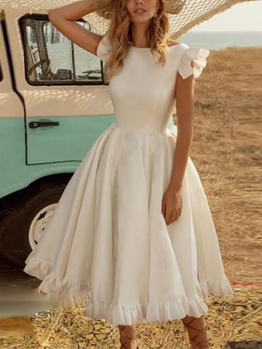 Vintage Chest Back Solid Color Lace Summer Dress