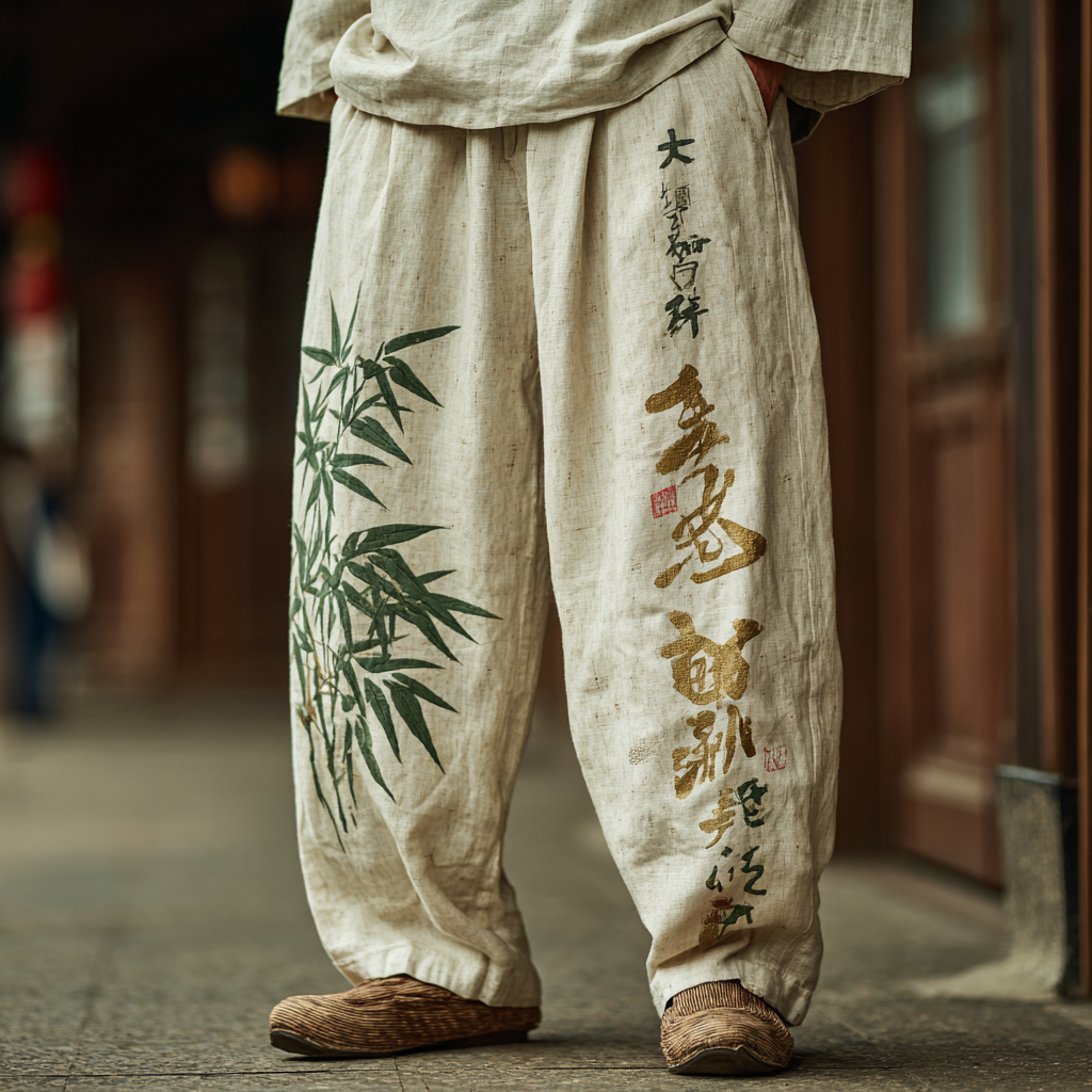 Japanese Retro Bamboo And Calligraphy Line Art Design Men's Casual Linen Long Pants  artssus