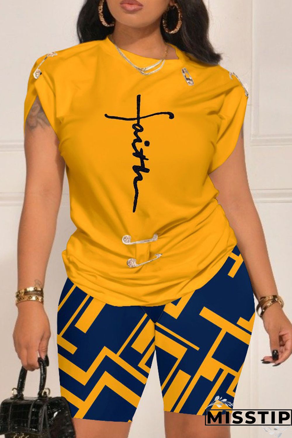 Navy Casual Street Print Patchwork O Neck Short Sleeve Two Pieces