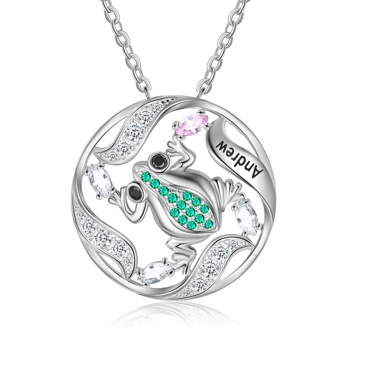 Personalized Frog Necklace with 1 Birthstone Engraved Name for Women