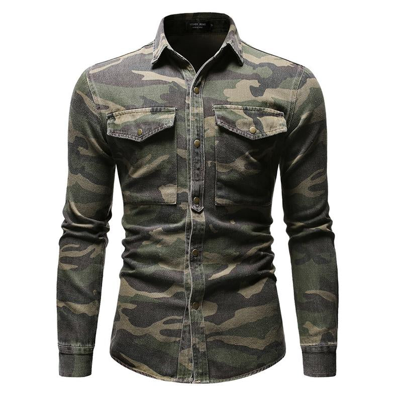 Men's Casual Camo Double Breast Pocket Denim Shirt 90352181Y