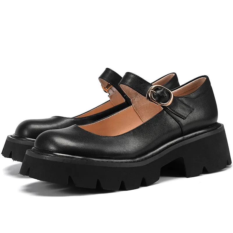 Meotina Mary Janes Shoes Women Natural Genuine Leather Platform High Heels Buckle Strap Thick Heel Ladies Footwear Spring Beige