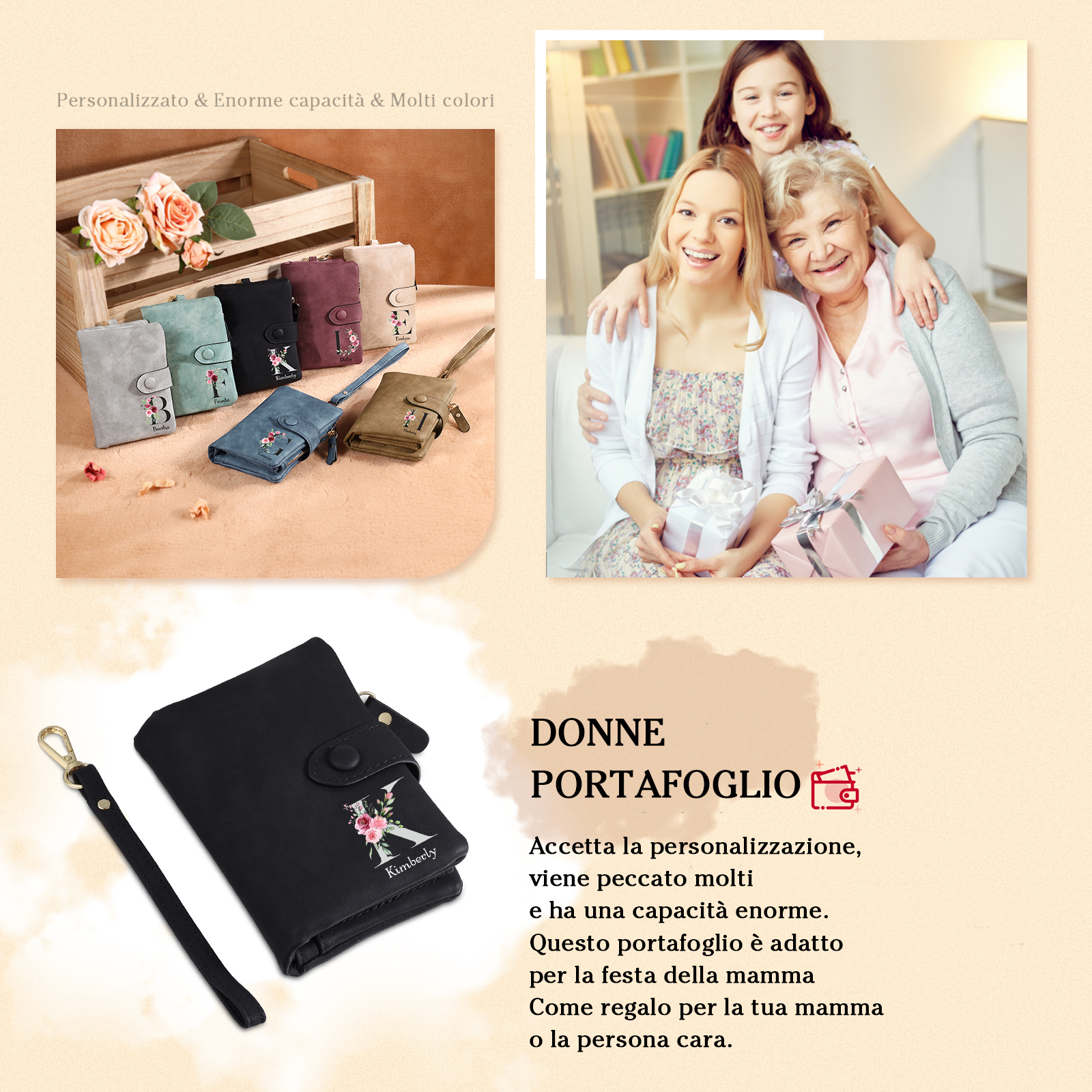 Portafoglio mano nella mano in PU pelle con 7 nomi & 1 testo & 1 lettera personalizzati per mamma