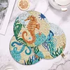 4PCS Wooden Diamond Painted Placemat Round Placemat with Holder(Marine Life)