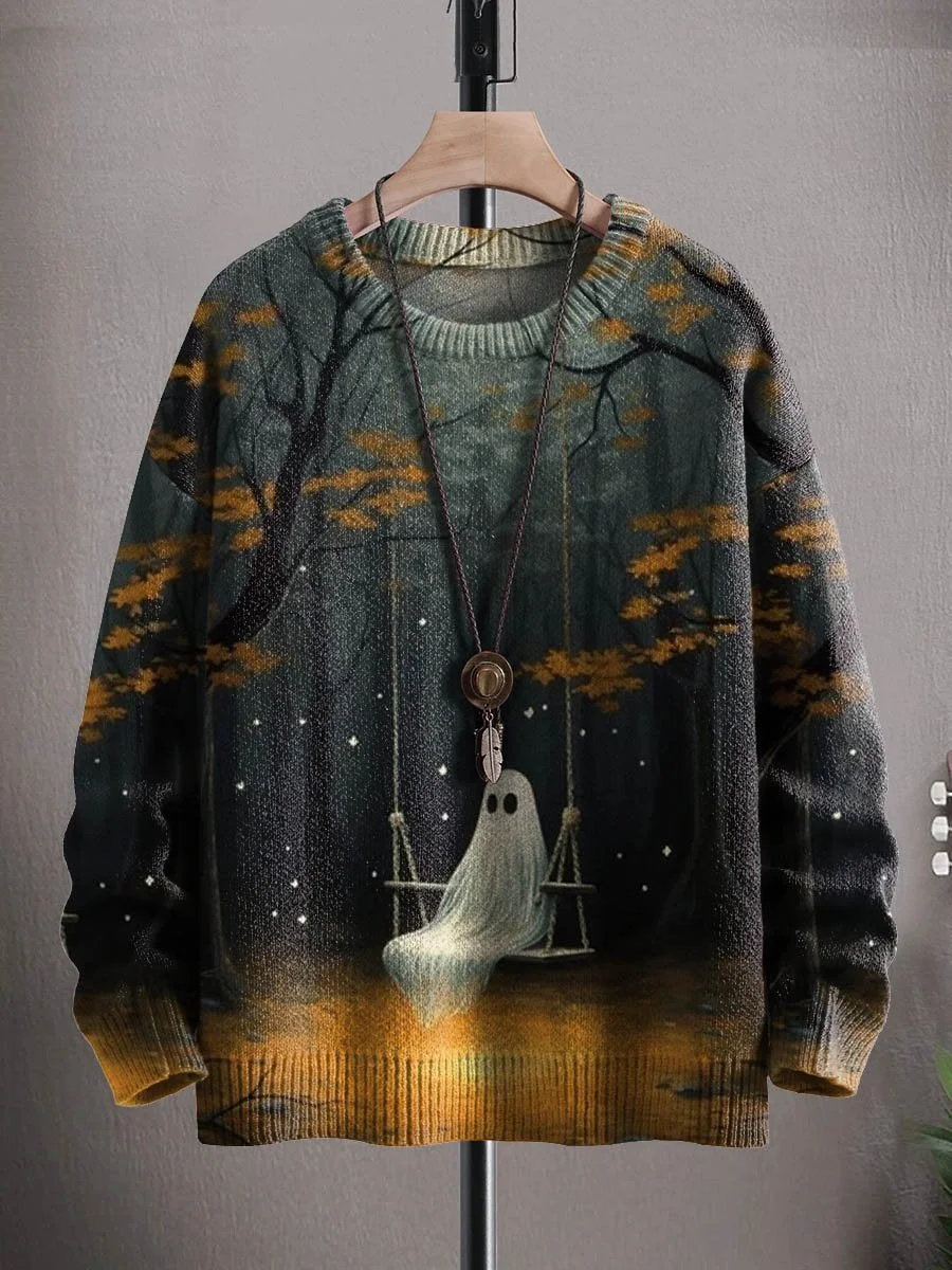 Unisex Art Ghost Halloween Print Casual Knit Sweater
