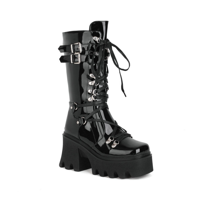 Statement Metallic Straps Lace Up Back Zipper Platform Boots