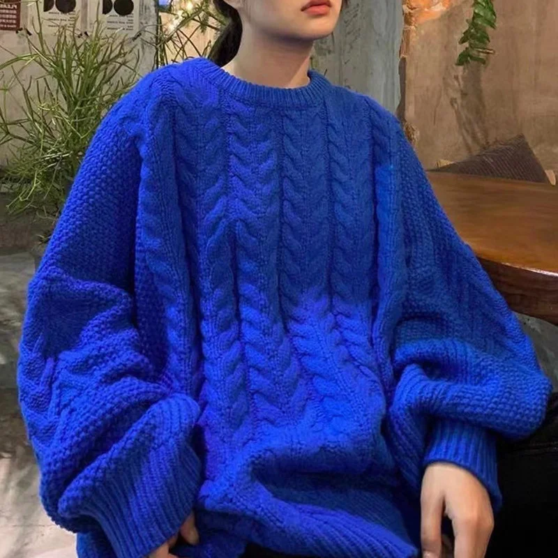 Toloer Toloer Blue Autumn Winter New Round Collar Thick Knit Jacket Korean Fashion Loose Lazy Wind Senior Sweater Woman-Outfit Ideas