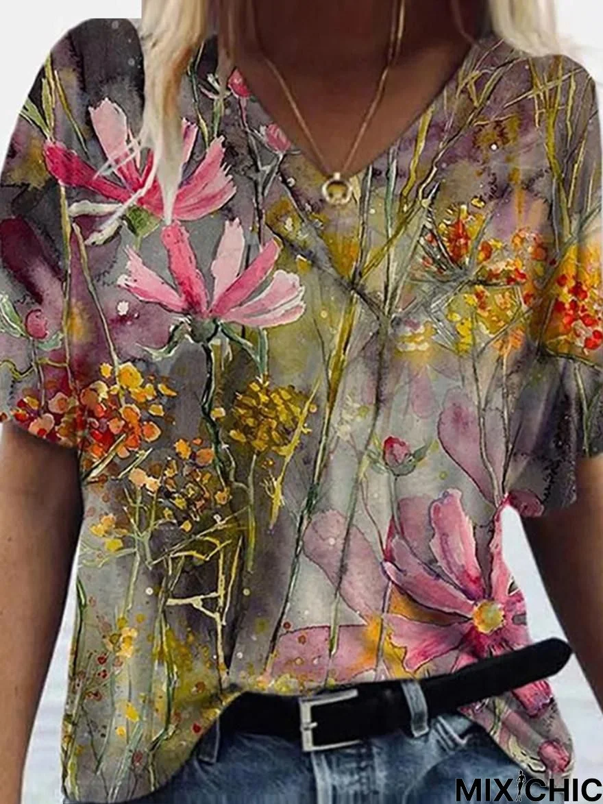 Floral Print Short Sleeve V-Neck T-Shirt