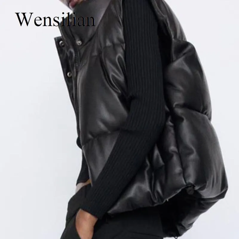 2021 Faux Leather Vest Coat Women Black Jacket Motorcycle Zipper Sleeveless Cropped Jacket ZA Female Short Outwear