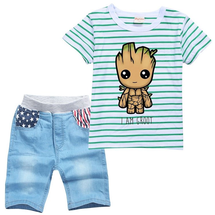 Girls Striped I Am Groot Print Boys T Shirt And Denim Shorts Suit Sets-Mayoulove